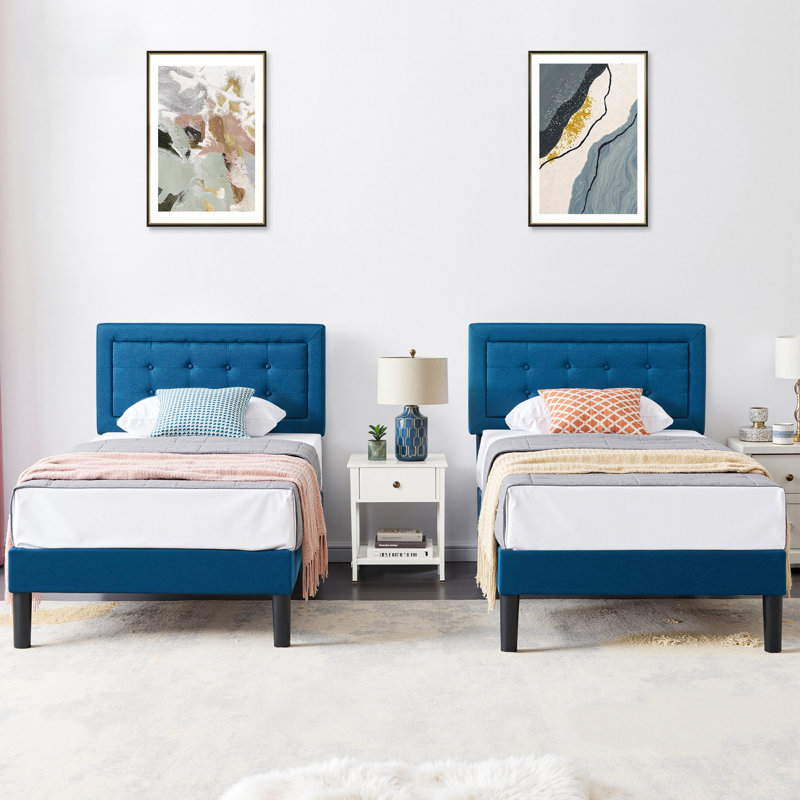 Scarpaci Twin Size Upholstered Bed Frame Set of 2, 2 Pieces Twin Platform Bed Frame with Adjustable Headboard, Wooden Slats Support, No Box Spring Needed, Noise-Free