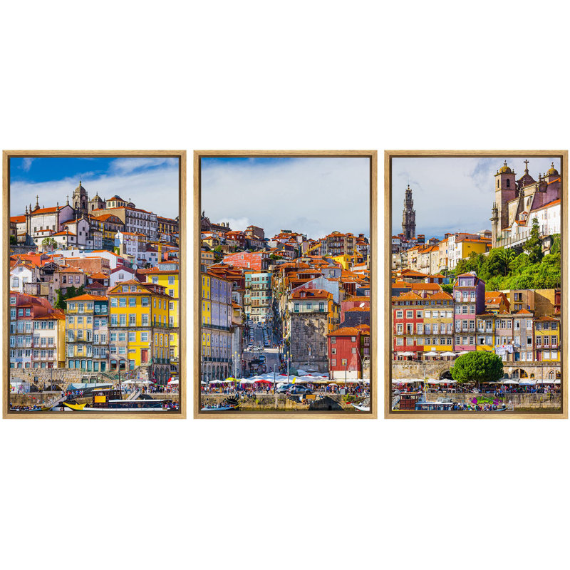 Porto Porto, maison colorée, bâtiments, ville, horizon, photographie, art mural, Cadre naturel flottant, H 24 po x l 48 po