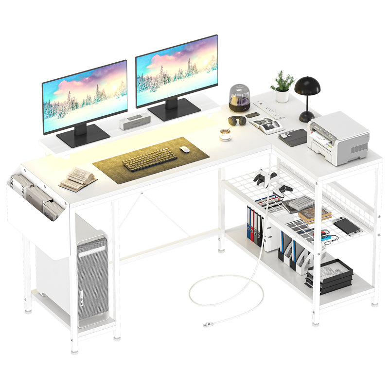 Bureau d'ordinateur en L réversible avec prise de courant et lumières DEL, Blanc