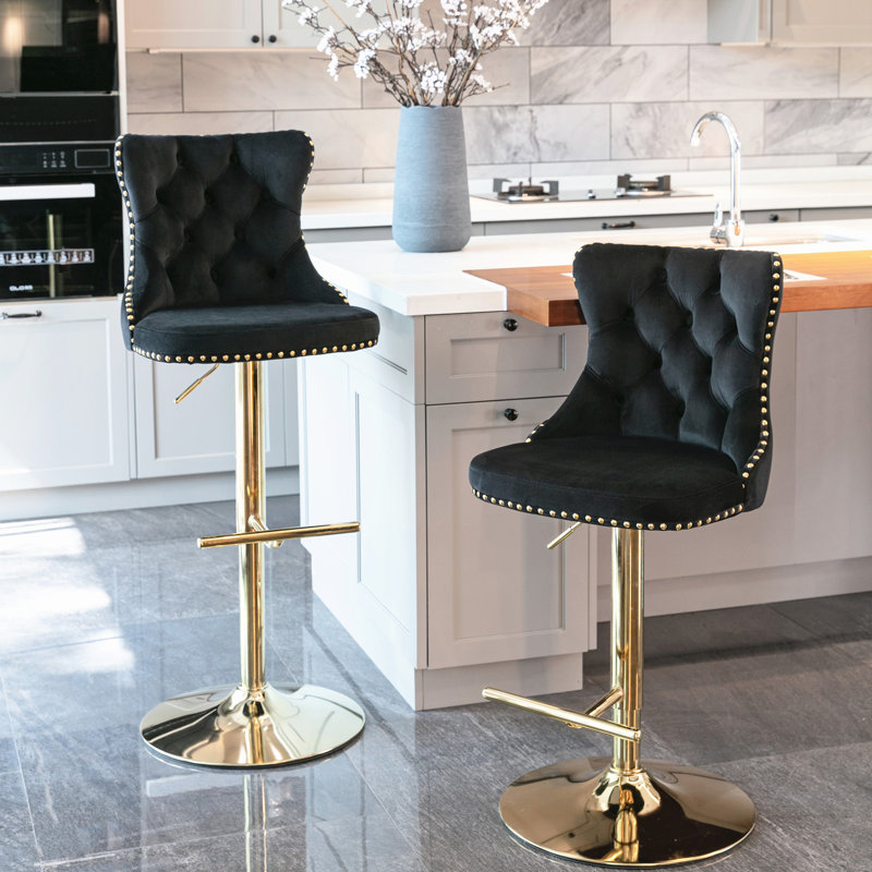 Jarrod Black Modern Upholstered Golden Swivel Velvet With Adjustable Seat Height 25 - 33 Inch, Comfortable Bar Stools Backs, Of 2 For Kitchen Island And Home Pub Seating Swivel, , Height, Modern, , Black,