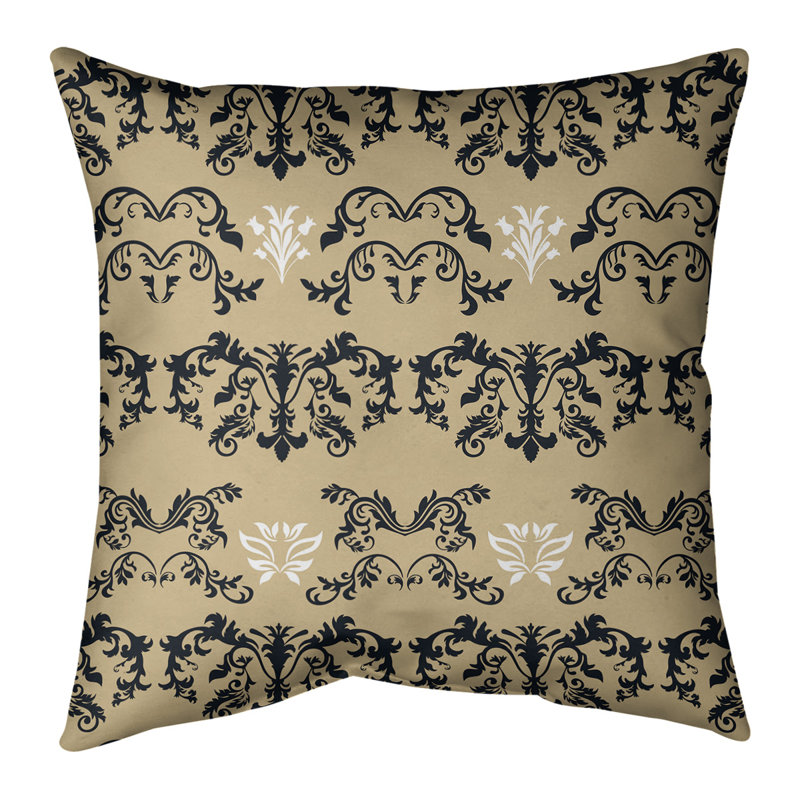New Orleans Damask Linen Reversible Throw Pillow, 14" x 14", Black/Old Gold/White, Spun Polyester