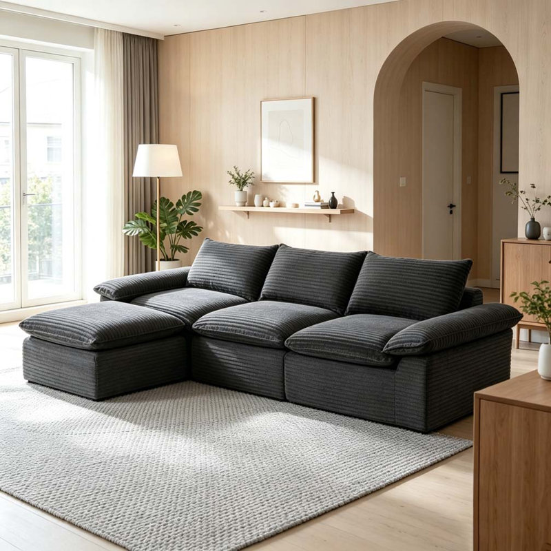 Canapé moderne en velours côtelé, Dark Grey-3Seat-1Ottman