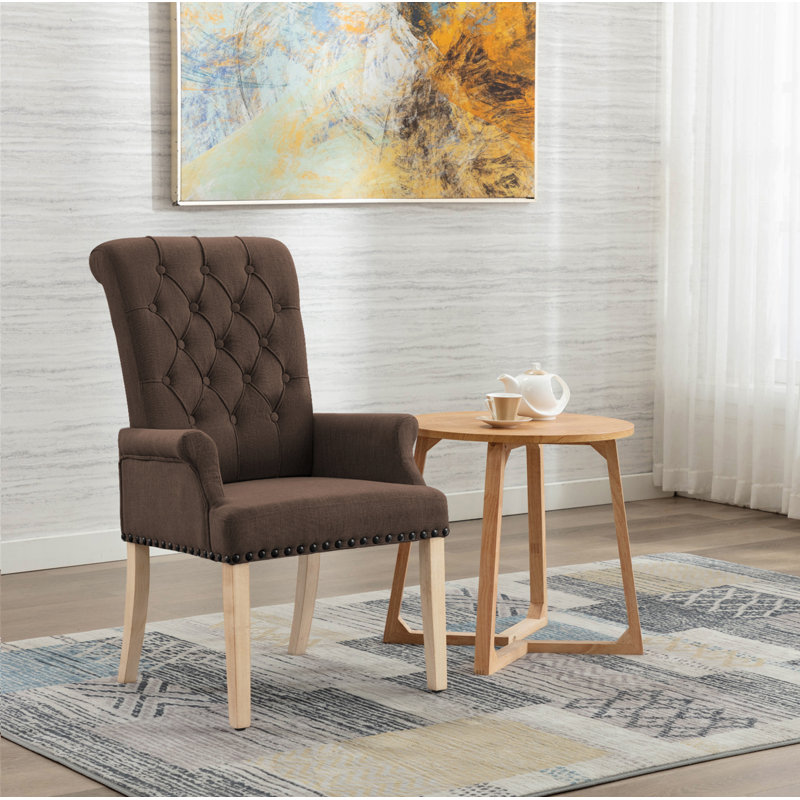 Chaise de salle à manger rembourrée avec accoudoirs en tissu Amdad, Brun, Naturel, Lin
