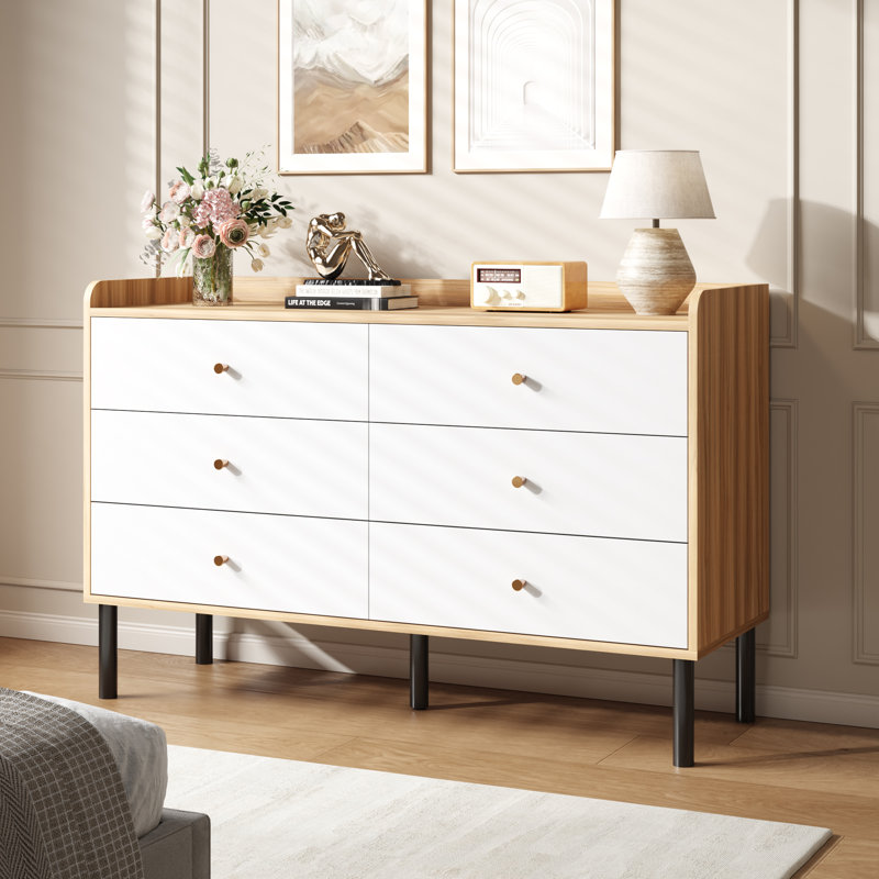 Commode 6 tiroirs Farmhouse, Blanc / bois clair