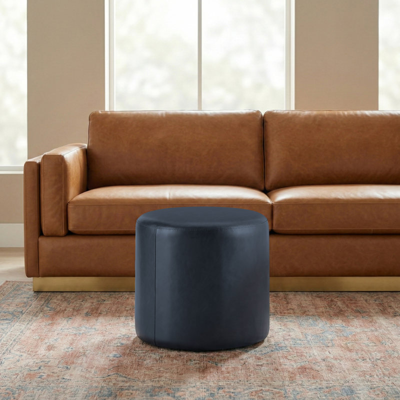 Studio Living 19 Wentworth Ottoman Round Faux Leather Navy Blue, Navy Faux Leather