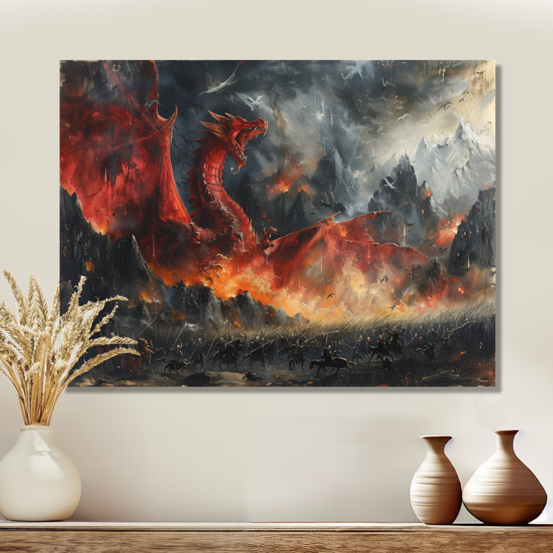 Épopée de bataille entre les dragons et les militaires III - Dragons, art mural, H 16 po x l 32 po x P 1 po, Toile tendue