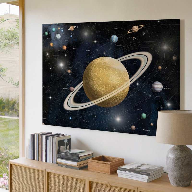 Toile dans cette illustration cosmique à couper le souffle, art texturé sur une grande planète dorée rappelant Saturne