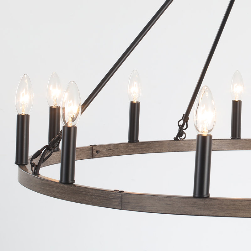 Lustre de style campagnard à 12 lumières en forme de bougie de style campagnard Moomal, Brun / Noir mat, 12
