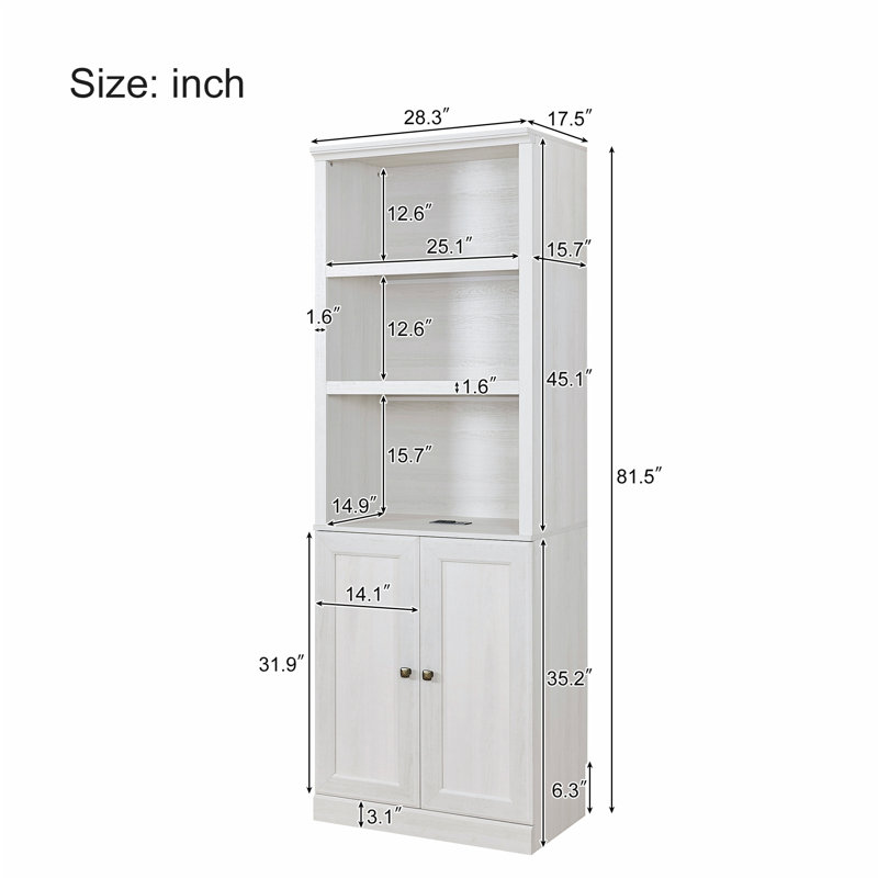 Bookshelf with USB Port and 3 Open Shelves, Rustic White