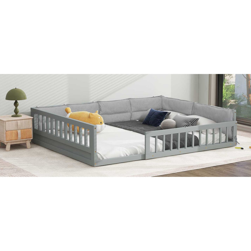 Platform Bed With Guardrail And Pillow For Full Size, Gray Style Size Wood Comfortable In - Enhances Bedroom Mobility, Gray