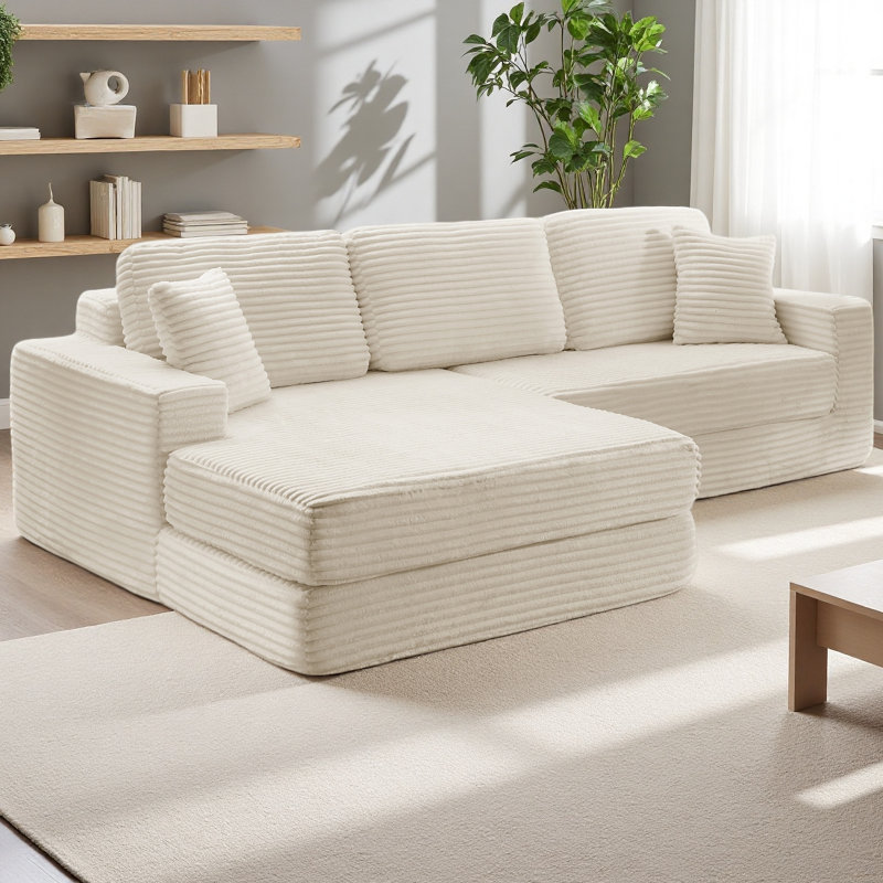 Siège du canapé droit, canapé modulaire en forme de L, canapé modulaire compressé en velours côtelé de style minimaliste moderne, déplier en un lit, une chambre à coucher, canapé confortable à conception compacte et peu encombrante