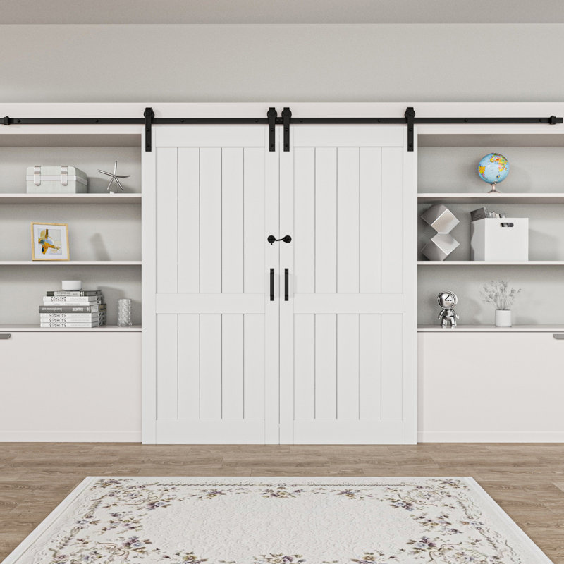 Double Sliding Primed Paneled Barn Door with  Installation Hardware Kit(Door Lock/Soft Close Included), 72" x 84"