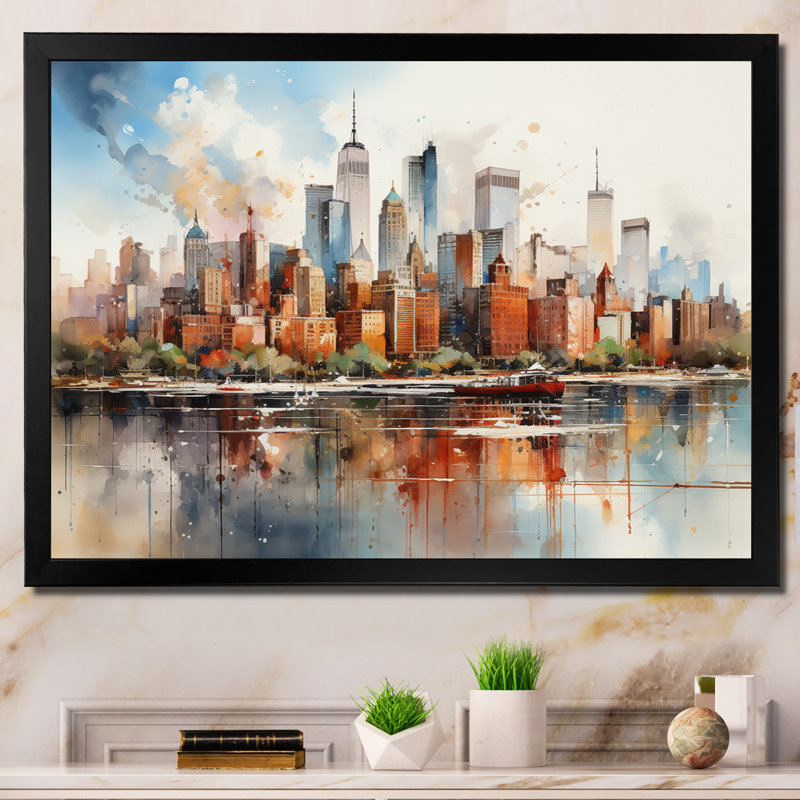Dreamy New York, paysage rétro, aquarelle - décoration murale New York, H 24 po x l 32 po x P 1 po, Cadre simple noir