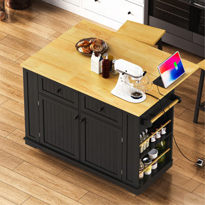 Grand îlot de cuisine de 48 pouces avec rallonge, prise de courant, support de rangement interne, chariot de rangement roulant sur 5 roues avec 5 supports latéraux ouverts, pour la cuisine, la salle à manger