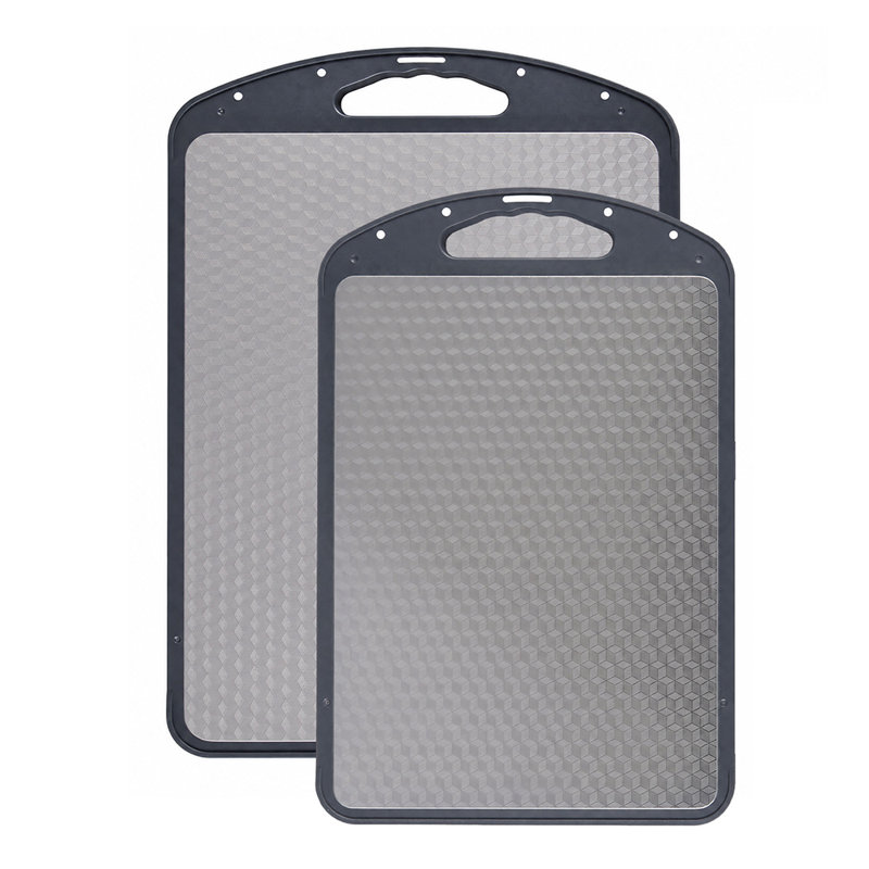 Lot de 2 planches à découper double face 2 en 1 en acier inoxydable et polypropylène paille de blé, avec poignée, rigole à jus, compatibles avec le lave-vaisselle