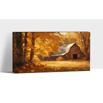 Grand art mural sur toile d'automne - citrouille et grange, peinture murale d'automne