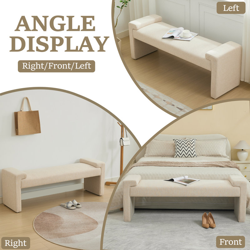 Banc de chambre rembourré l 58,6 po, Lin brun clair, 20.6" H x 58.6" W x 17.3" D