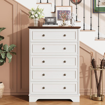 5 Drawer Dresser for Bedroom - Vertical Chest of Drawers, Farmhouse Tall Cabinet Organizer