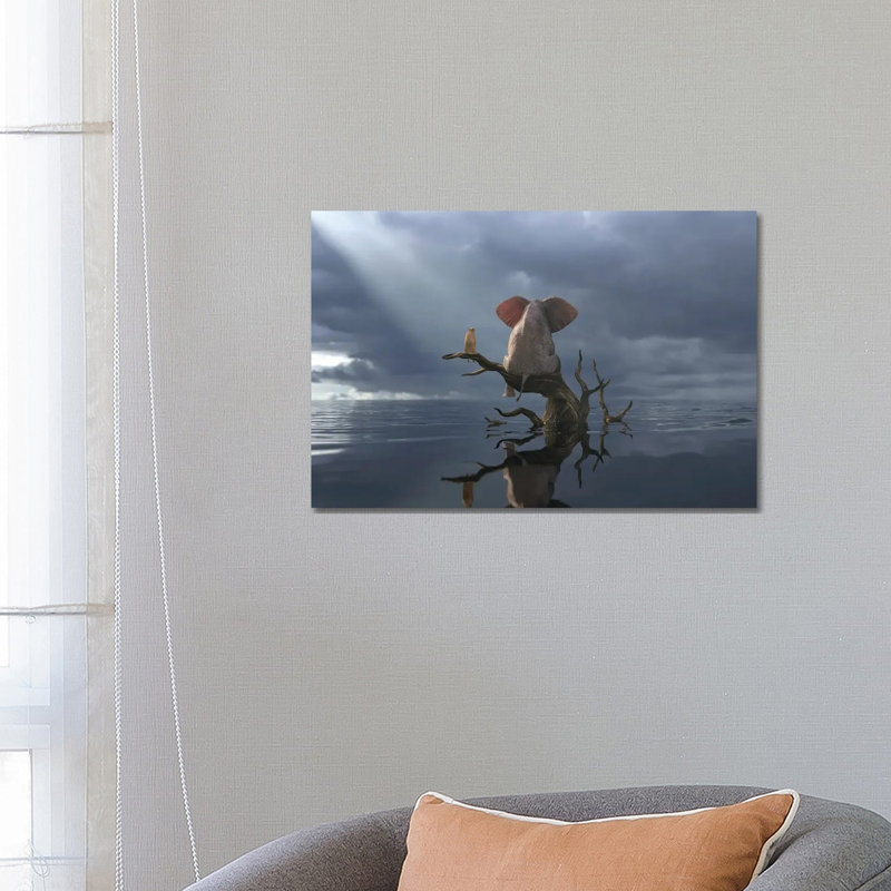 Elephant And Dog Are Sitting On A Tree In Flood II by Mike Kiev - Wrapped Canvas Print, 66.04 cm H x 45.72 cm W x 1.91 cm D