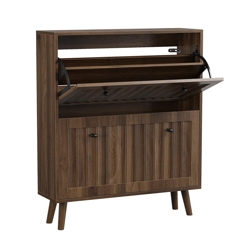Medieval-Style Modern Shoe Cabinet, Upright Shoe Storage Unit With Vertical Grooved Finish, 37.4" H x 31.5" W x 9.45" D