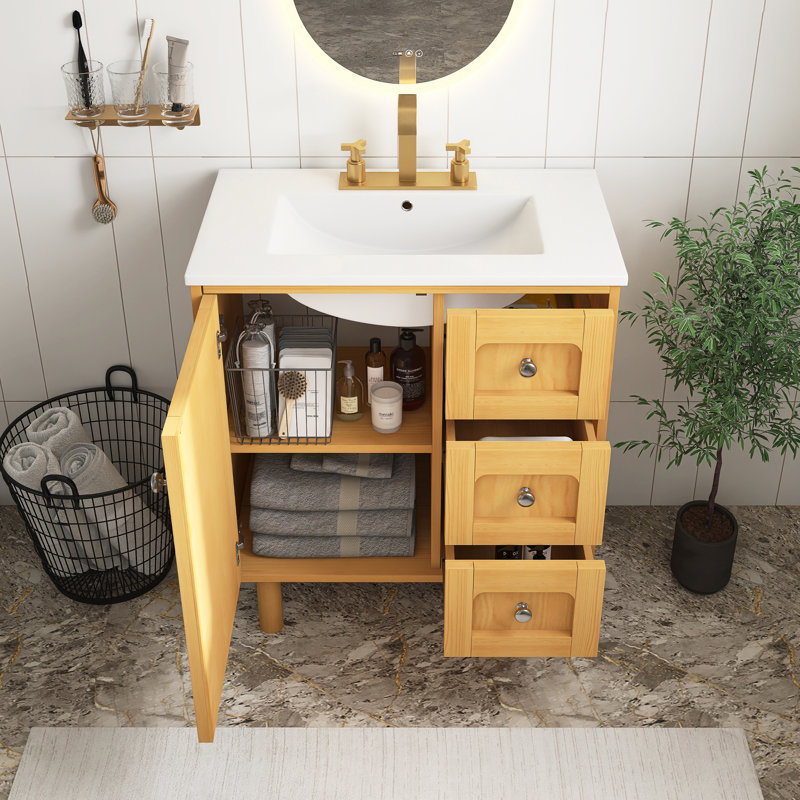 Meuble-lavabo de 30 pouces avec lavabo en céramique, meuble-lavabo à 3 tiroirs, 1 grande porte à fermeture douce, cabine de rangement pour salle de bain