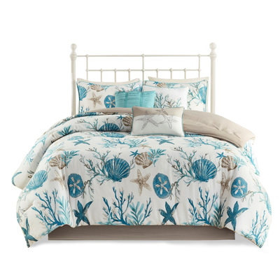 Pebble Beach 7 Piece Bedding - King Cotton With Coastal Print Comforter In With Printed Shells, Starfish, Corals & Attractive Design