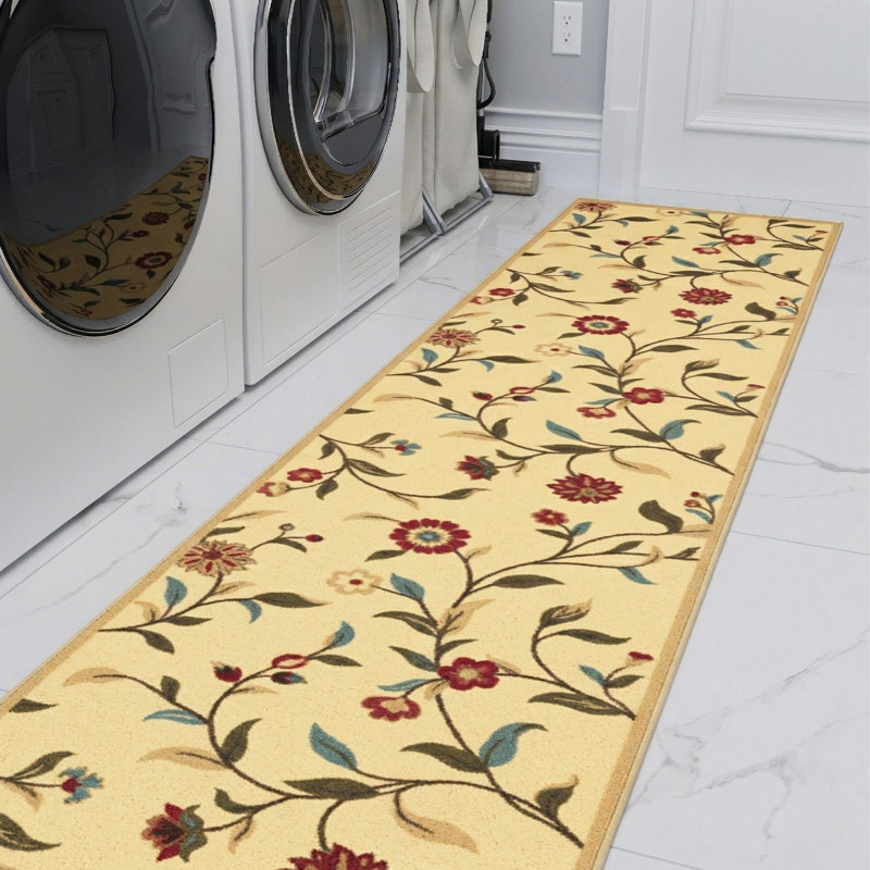 Homeline Non-Slip Rubberback Floral Indoor Runner Rug, Beige, Runner 1'11'' x 39' , Beige