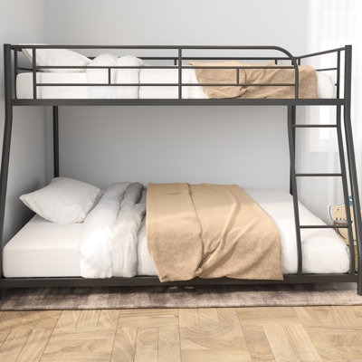 Twin Over Full Bunk Bed With Metal Frame, Rails And Center Support Arrangement Steel, Guardrails Supporting Rod