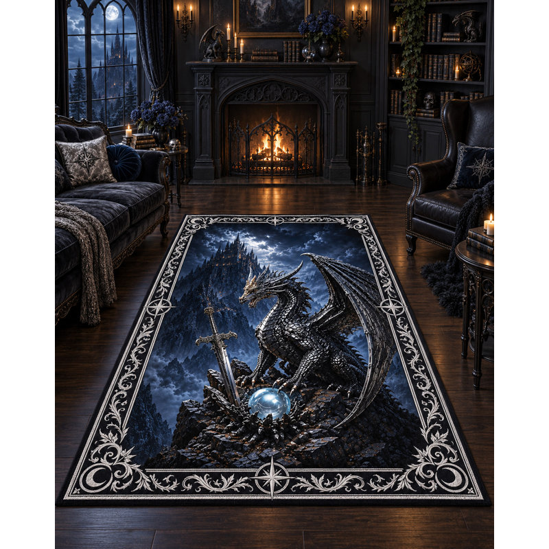 Tapis « Ultra Fin » 152 x 213 cm (5 pi x 7 pi) à motif Dragon Blindé et Orbe de Cristal, idéal pour la chambre, le salon et le bureau à domicile. Tapis doux à poils courts avec envers antidérapant en silicone.