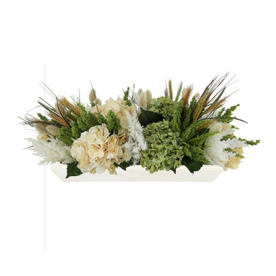 Hydrangea, Heather, Pampas and Wheat Mixed Centerpiece in Planter