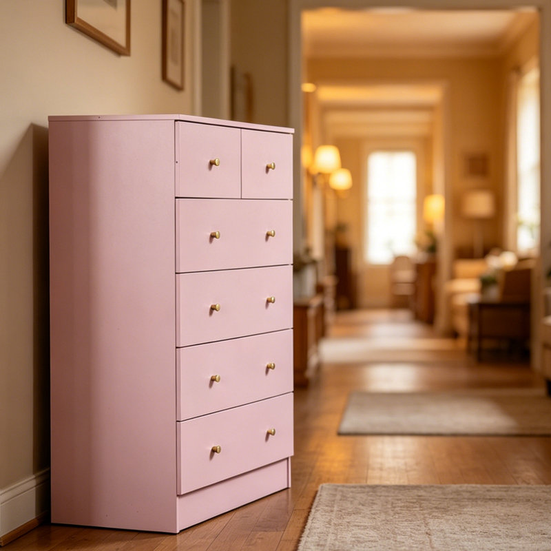 Commode 6 tiroirs en bois avec poignées dorées, armoire de rangement haute pour chambre à coucher et salon - finition rose Macaron