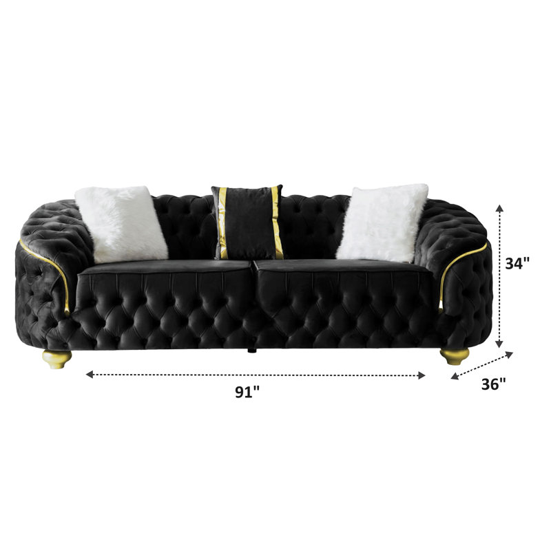 Gonda Velvet Rolled Arm Sofa, Black , 34" H x 91" W x 36" D 