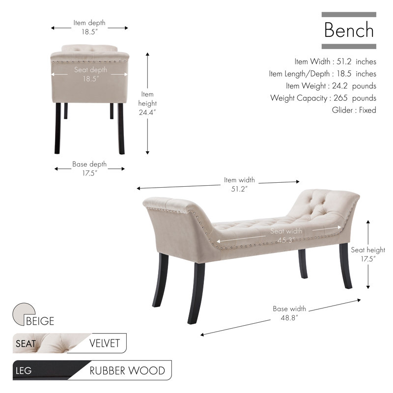 Velvet Upholstered Bench, Beige