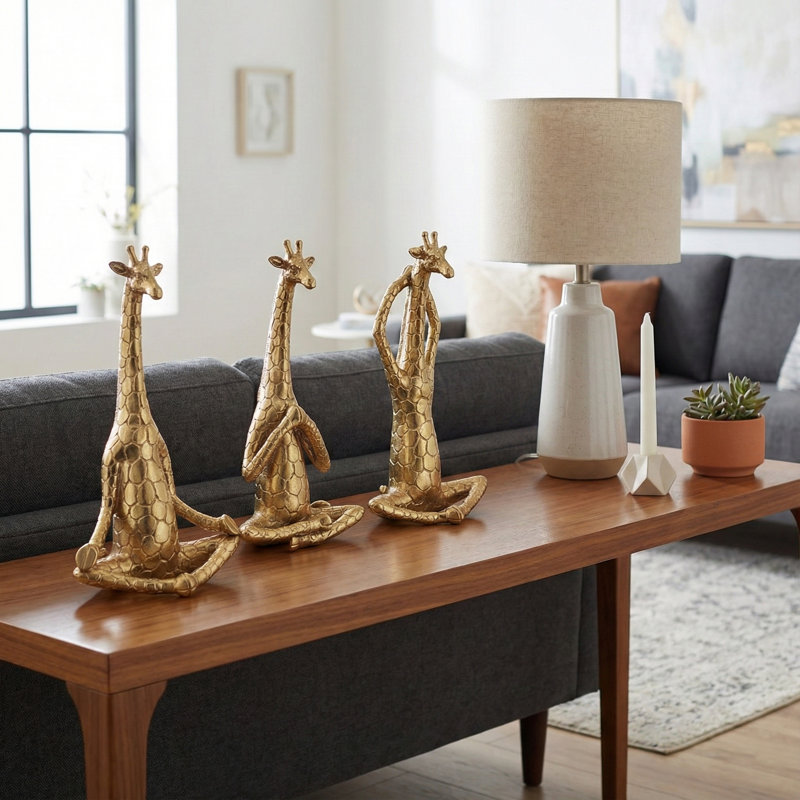 Decorative Resin Yoga Giraffe Figurines for Home Decor - Animal Sculptures for Table Accent or Living Room Decoration - Set of 3, 12", Gold & Metallic