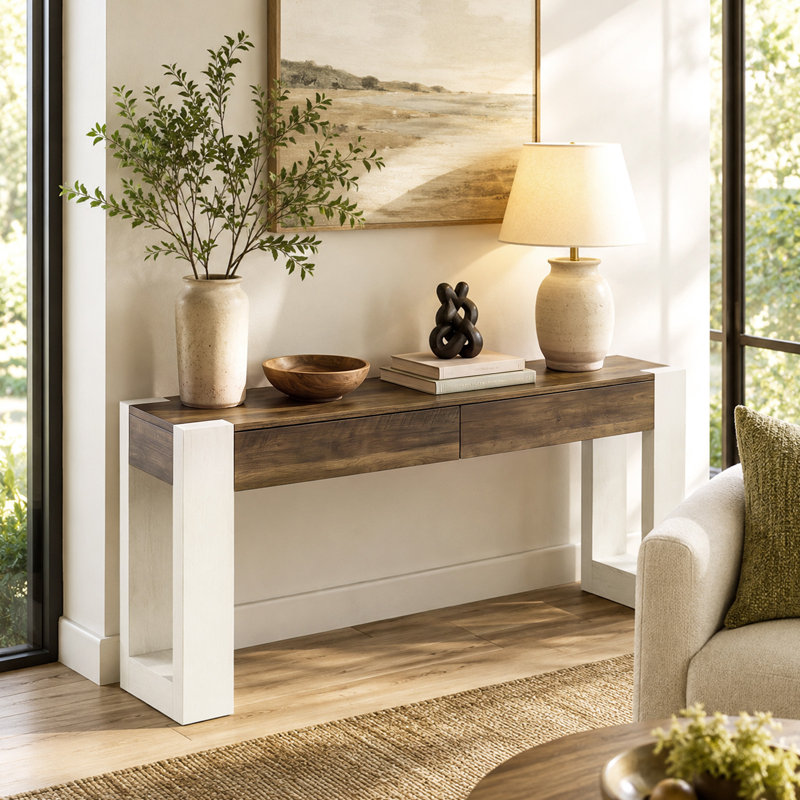 Console d'entrée moderne de 63 pouces, table de canapé avec tiroirs, White