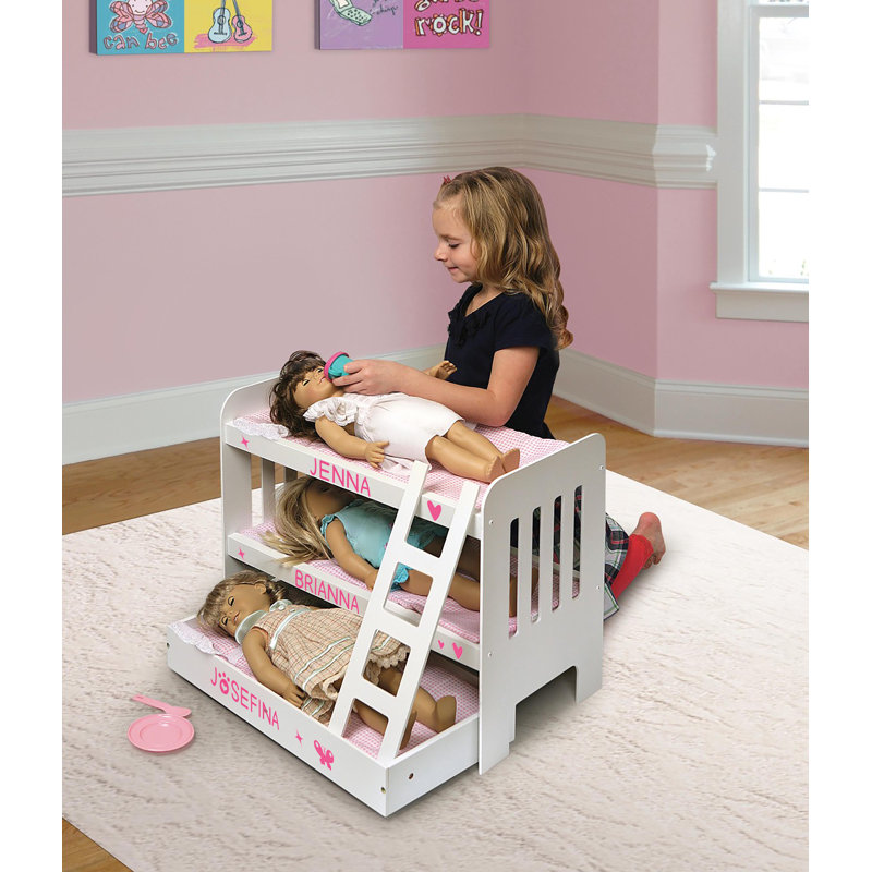 White and Pink Wooden Doll Bunk Bed with Ladder and Trundle