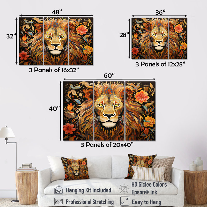 Sayer - ensemble d'art mural animal lion, Toile tendue, H 40 po x l 60 po x P 1 po