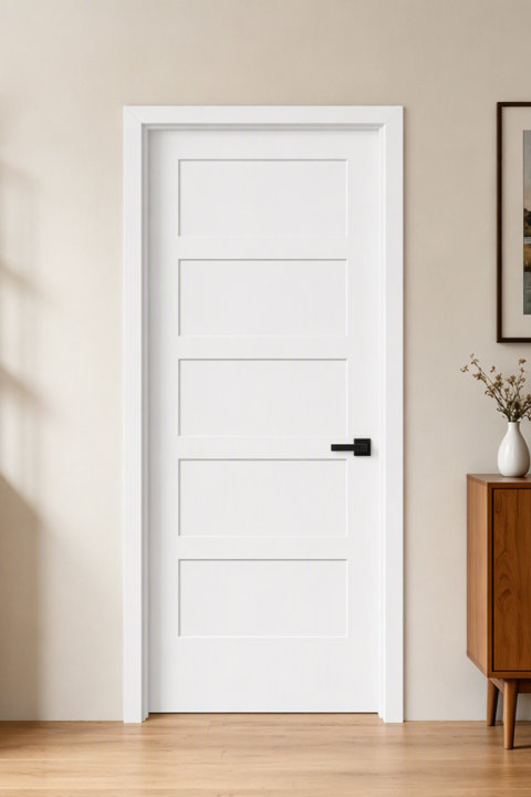 A modern, five-panel white interior door with a matte black lever handle set against a light beige wall.
