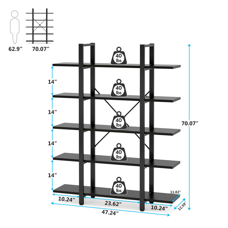 Industrial Black 72-Inch 5-Tier Metal and MDF Bookshelf