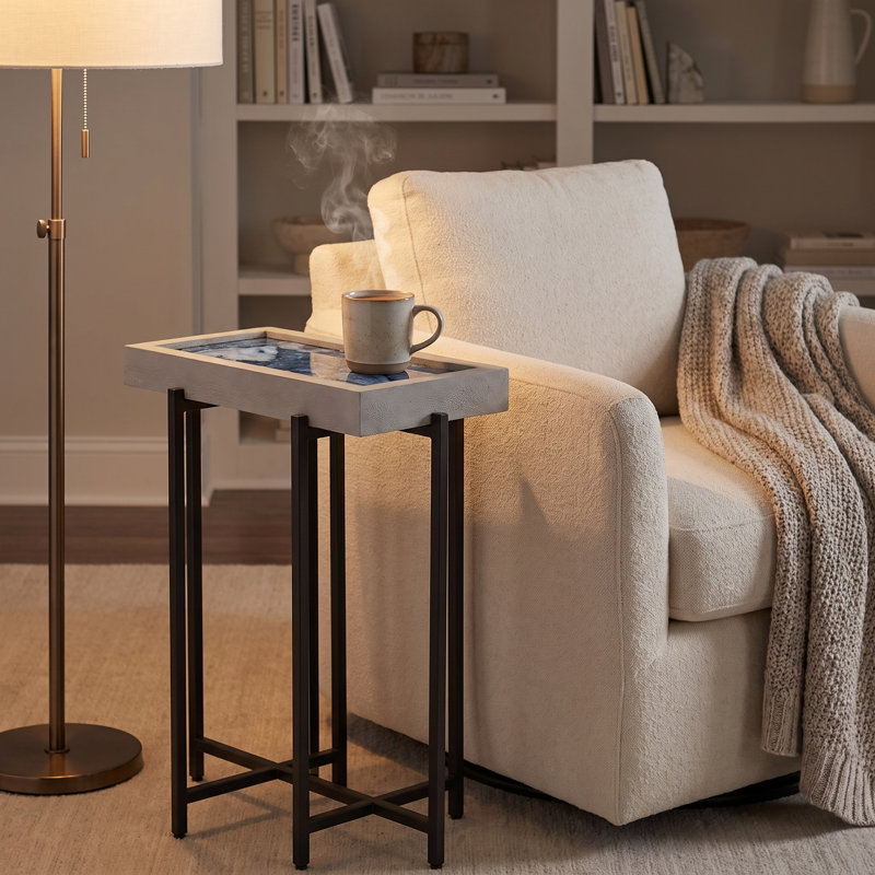 Framed Stone Top Accent Table With Metal Base, Coal Agate Top/Black Base