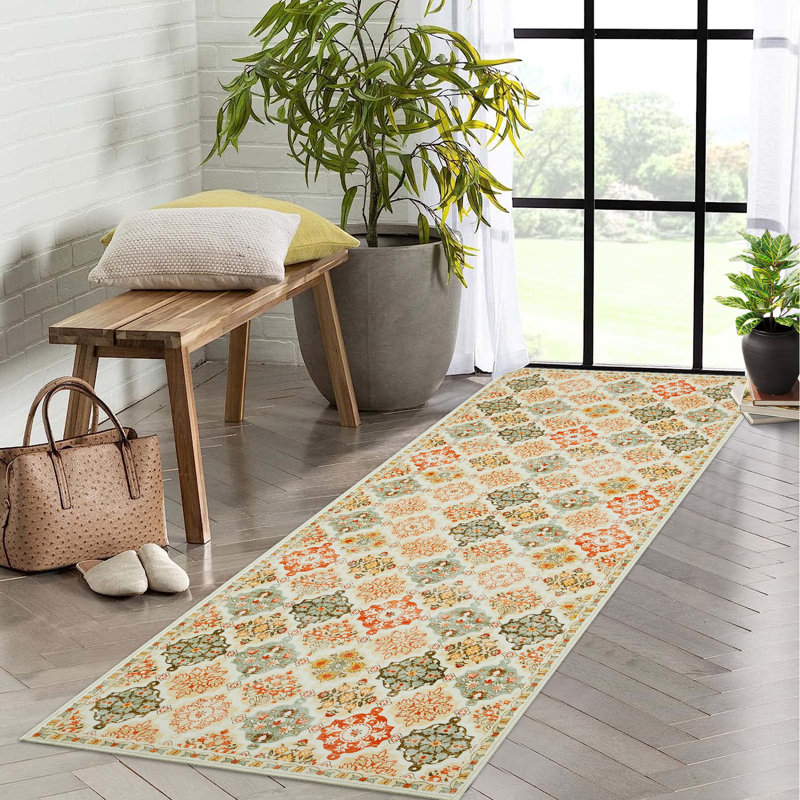 Tapis à motif floral en damier Boho, Orange, Tapis de couloir 2 pi x 6 pi