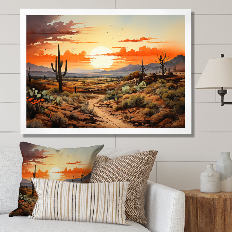 Silhouette orange, Cactus, lever de soleil - Cactus, art mural, H 30 po x l 40 po x P 1,5 po, Cadre de coin blanc fermé