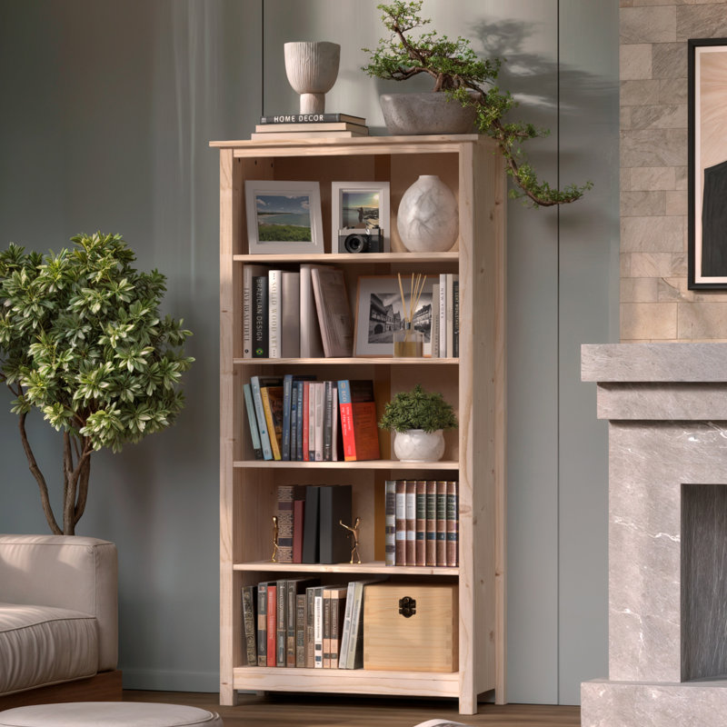 Albrecht Bookcase 5 Adjustable Shelf Open Solid Pine Wood - Living Room, Office and Room by Red Barrel Studio, Unfinished