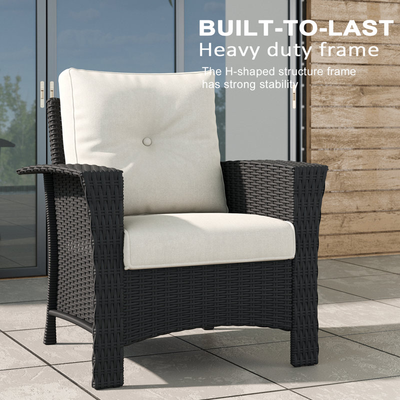 3 Piece Wicker Patio Furniture Set, Classis Outdoor Conversation Armrest Chairs Set With Coffee Table, Beige, Black