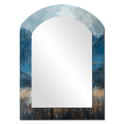 Modern African Elephant In The Mountains III - Elephant Asymmetrical Large Wall Mirror, Grey Arch Decorative Mirror, Printed Metal Art