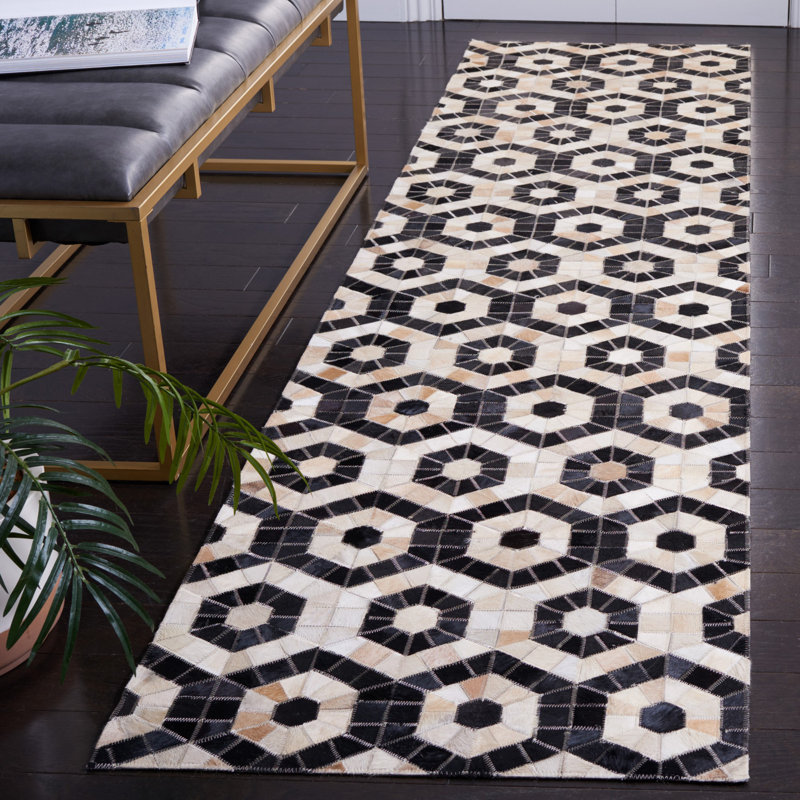 Studio Leather Flat Weave Hair On Leather Geometric Rug, Runner 2'3" x 9'