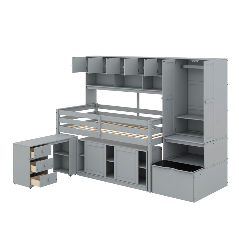 Lit mezzanine en bois avec bureau, tiroirs et tablettes, Lit double, Gris