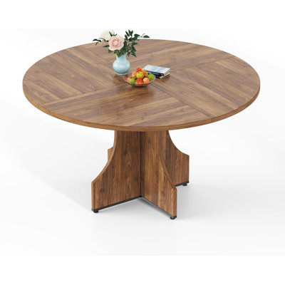 47-inch Round Dining Table for 4-6 People, Farmhouse Style with Storage Shelf & Adjustable Feet