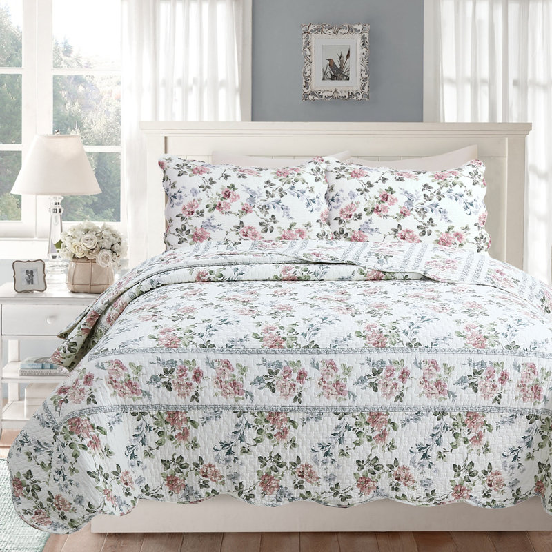 Ensemble de courtepointe réversible 100% coton bleu / rose / vert , Courtepointe très grand et 2 très grandes taies
