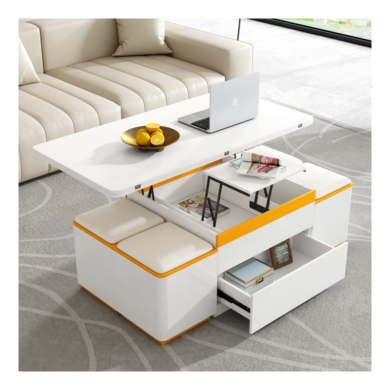 Table basse à plateau relevable avec 4 tabourets de rangement, table basse moderne avec plateau pliable, table basse réglable multifonctionnelle pour le salon